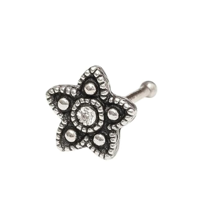 BRIA BY SAAR 925 Sterling Silver Oxidised Floral Nose Pin for Women and Girls | Antique Star Flower Design | Handcrafted Ethnic Tribal Nose Stud | Hypoallergenic Fine Jewellery
