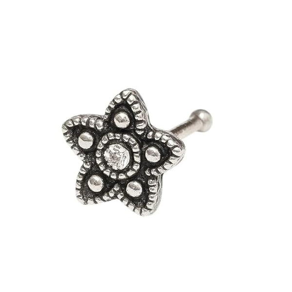 BRIA BY SAAR 925 Sterling Silver Oxidised Floral Nose Pin for Women and Girls | Antique Star Flower Design | Handcrafted Ethnic Tribal Nose Stud | Hypoallergenic Fine Jewellery