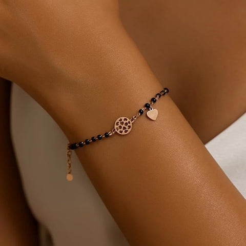 925 Sterling Silver Adjustable Black Bead Mangalsutra Design Bracelet with Elegant Heart & Geometric Charm | Stylish & Skin-Friendly Jewelry for Girls and Women | Perfect for Parties & Special Occasions