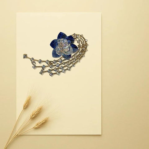 BRIA BY SAAR Luxury Swarovski Glass Crystal Flower Brooch | Elegant Blue Petal Pin with Golden Rhinestone Chains | Statement Fine Jewellery for Sarees, Gowns & Blazers