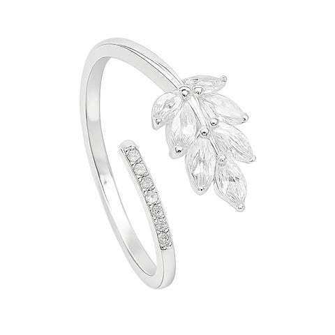 BRIA BY SAAR 925 Sterling Silver Adjustable Leaf Open Ring for Women & Girls with Sparkling CZ Stones – Elegant Nature-Inspired Design