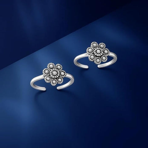 BRIA BY SAAR 925 Sterling Silver Adjustable Floral Toe Ring/Ring for Women & Girls | Vintage Style with Marcasite Stone – Elegant Ethnic & Western Jewellery (1 Pair)