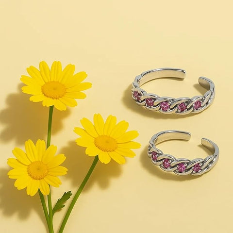 BRIA BY SAAR 925 Sterling Silver Adjustable Chain-Link Ring/Toe Ring for Women & Girls | Stylish Dual-Use Design with Pink Stone Accents | Hypoallergenic Fine Jewellery Gift (1 Pair)