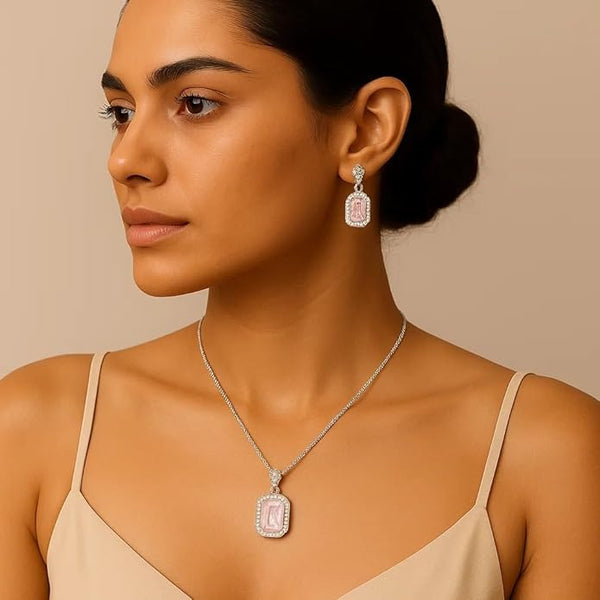 925 Sterling Silver Pink Aquamarine Halo Necklace Set for Women | Romantic Pastel Gemstone Pendant & Matching Earrings | Sparkling Crystal Halo Fine Jewellery | Luxury Gift for Weddings & Anniversaries