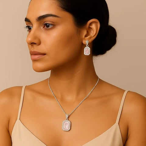 BRIA BY SAAR 925 Sterling Silver Pink Aquamarine Halo Necklace Set for Women | Romantic Pastel Gemstone Pendant & Matching Earrings | Sparkling Crystal Halo Fine Jewellery | Luxury Gift for Weddings & Anniversaries