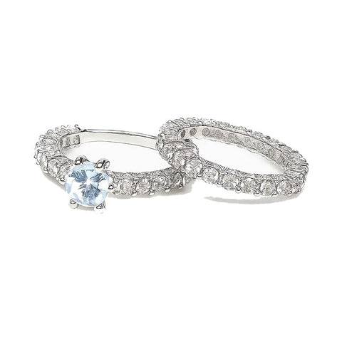 BRIA BY SAAR Elegant Silver-Plated Eternity Engagement & Wedding Ring Set for Women | Round-Cut CZ Solitaire with Matching Eternity Band | Classic Bridal & Anniversary Jewellery Gift | 2-Piece Set