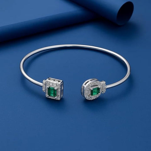 925 Silver Bracelet For Women & Girls | Elegant Open Cuff Design With Green Stone Accents | Stylish Pure Silver Wristwear Jewelry