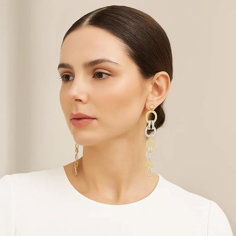 925 Sterling Silver Long Dangle Earrings for Women | Dual-Tone Gold & Silver Colour Interlinked Teardrop Design | Statement Party