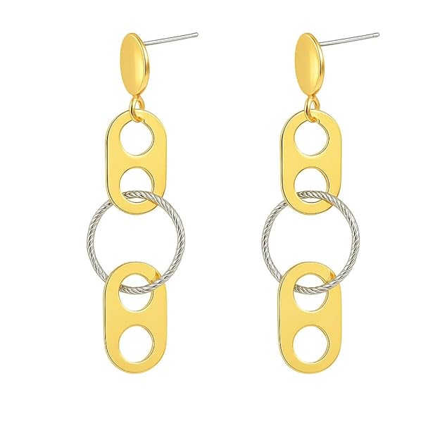 BRIA BY SAAR 925 Sterling Silver Gold-Plated Geometric Dangle Earrings for Women | Dual-Tone Oval and Textured Circle Long Drop Design | Modern Artistic Statement Party Jewellery | Hypoallergenic