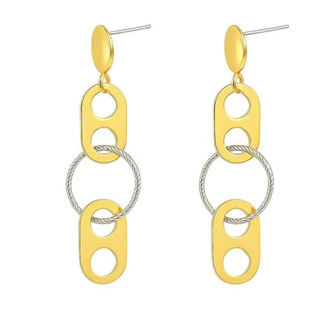 BRIA BY SAAR 925 Sterling Silver Gold-Plated Geometric Dangle Earrings for Women | Dual-Tone Oval and Textured Circle Long Drop Design | Modern Artistic Statement Party Jewellery | Hypoallergenic