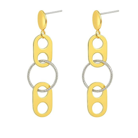 925 Sterling Silver Gold-Plated Geometric Dangle Earrings for Women | Dual-Tone Oval & Silver Textured Circle Long Drop Design | Modern Party & Jewelry