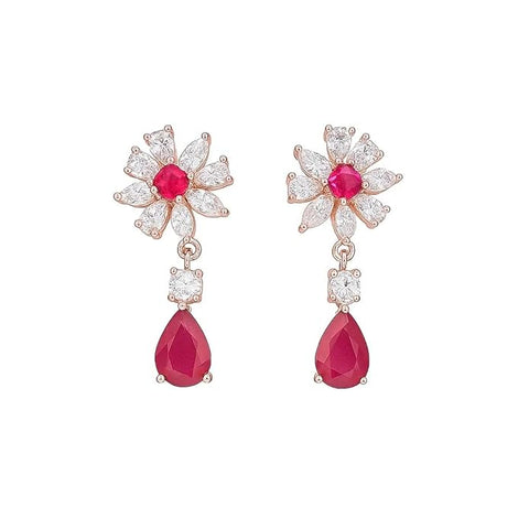 925 Sterling Silver Floral Drop Earrings for Women | Red Ruby & White CZ Stone Flower with Teardrop Design | Elegant Wedding, Party & Festive Jewelry