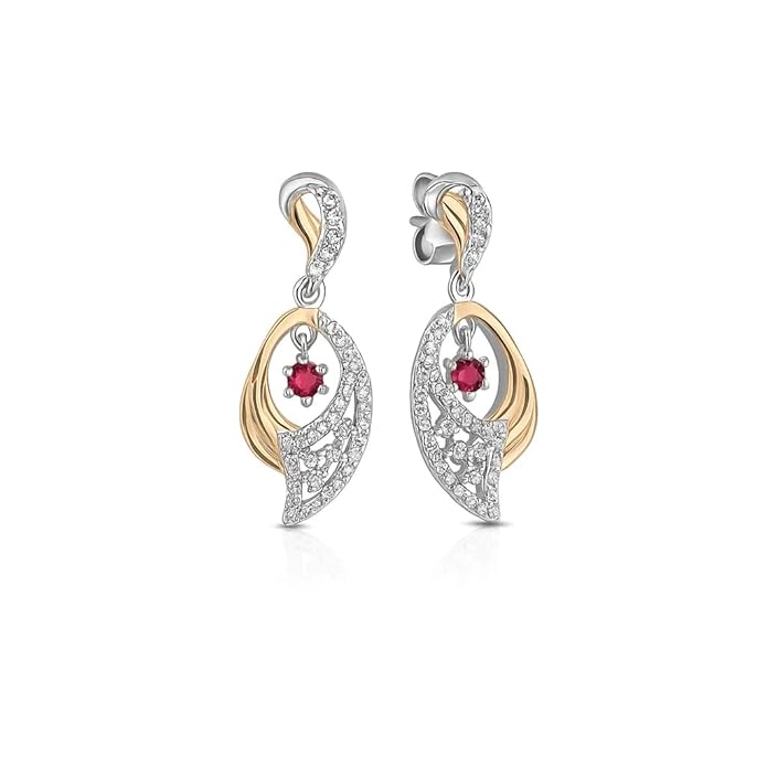 BRIA BY SAAR 925 Sterling Silver Dual-Tone Drop Earrings | Gold & Silver Geometric Finish with Red Crystal Floral Center | Elegant Festive & Party Jewellery