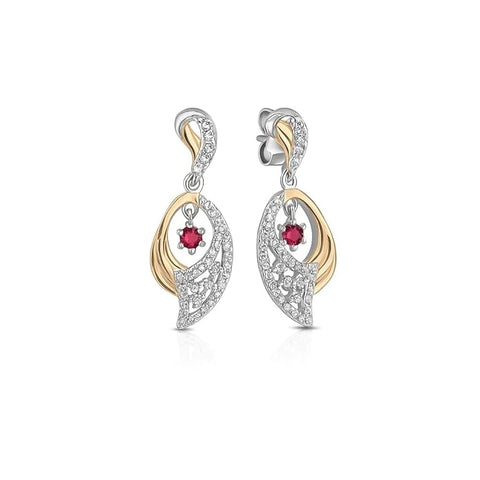 BRIA BY SAAR 925 Sterling Silver Dual-Tone Drop Earrings | Gold & Silver Geometric Finish with Red Crystal Floral Center | Elegant Festive & Party Jewellery