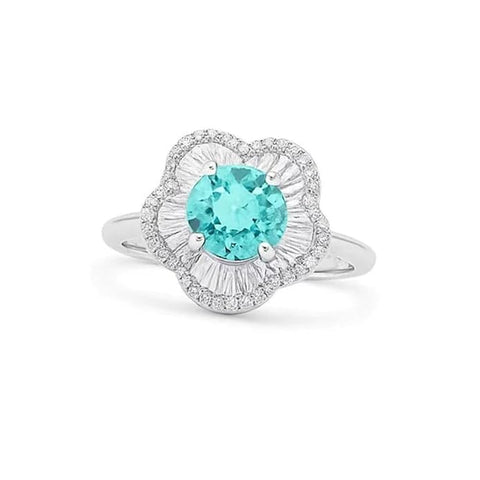 BRIA BY SAAR 925 Silver Aquamarine Halo Ring with Pave Crystal Detailing – Elegant Adjustable Engagement Jewelry Gift for Wife & Girlfriend