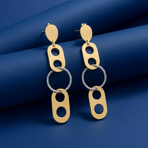 BRIA BY SAAR 925 Sterling Silver Gold-Plated Geometric Dangle Earrings for Women | Dual-Tone Oval and Textured Circle Long Drop Design | Modern Artistic Statement Party Jewellery | Hypoallergenic