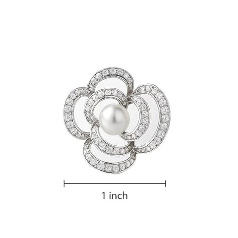 Bria By Saar Designer Crystal Floral Brooch with Central Pearl & Diamond-Style Accents – Stylish Silver Plated Pin for Sarees, Gowns, Blazers & Handbags