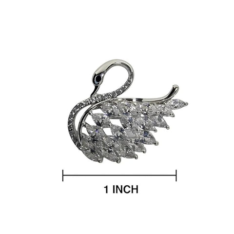 Bria By Saar Swan Shape Brooch Sterling Silver with Sparkling White Crystals with Diamond-Style Stones – Stylish Silver Bird Pin for Sarees, Gowns, Blazers & Special Occasions