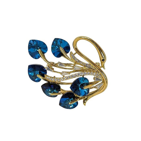Luxury Swarovski Glass Peacock Brooch with Blue Crystal Feathers & Golden Finish – Elegant Diamond-Style Jewelry Pin for Women’s Party, Wedding, Festive
