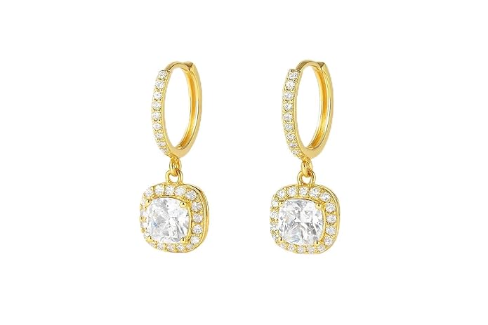 BRIA BY SAAR 925 Sterling Silver Gold-Plated Drop Earrings for Women | Brilliant Round CZ Halo Dangle with Pavé Hoop Design | Luxury Wedding, Bridal & Party Fine Jewellery | Hypoallergenic