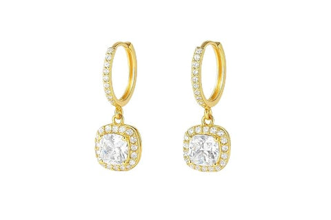 BRIA BY SAAR 925 Sterling Silver Gold-Plated Drop Earrings for Women | Brilliant Round CZ Halo Dangle with Pavé Hoop Design | Luxury Wedding, Bridal & Party Fine Jewellery | Hypoallergenic