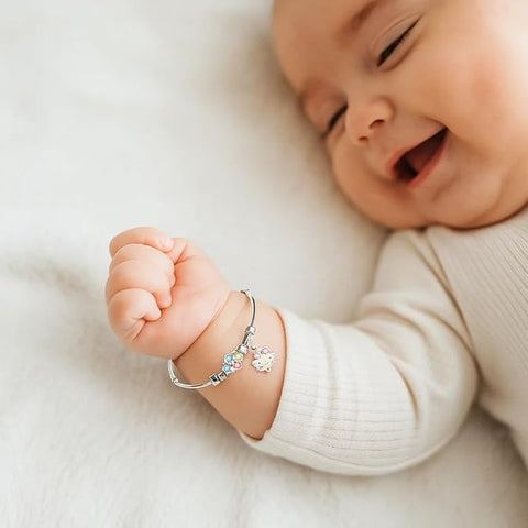 BRIA BY SAAR 925 Sterling Silver Kids Bangles | Cute Kitty & Multicolor Flower Charms | Safe & Adjustable Nazaria for Babies and Toddlers (Ages 0–5 Years) | 1 Pair (Set of 2)