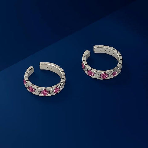 BRIA BY SAAR 925 Sterling Silver Adjustable Chain-Link Ring/Toe Ring for Women & Girls | Stylish Dual-Use Design with Pink Stone Accents | Hypoallergenic Fine Jewellery Gift (1 Pair)