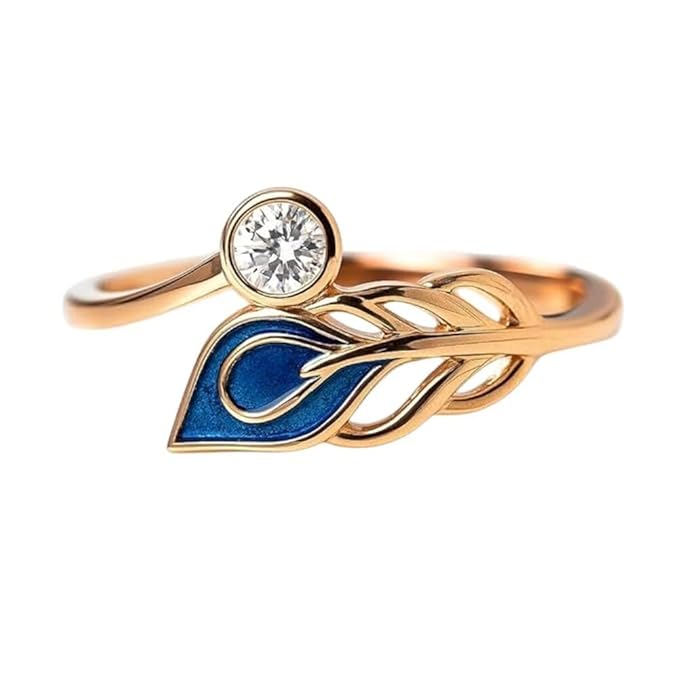 BRIA BY SAAR 925 Sterling Silver Peacock Feather Ring for Women | Elegant Artistic Design with Blue Enamel & Sparkling Accents | Unique Copper-Plated Statement Jewellery | Gift for Her