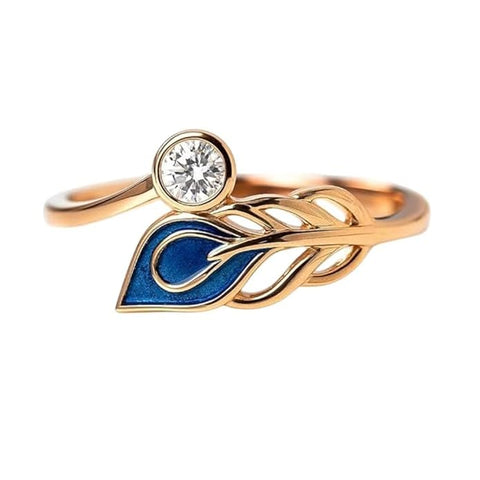 BRIA BY SAAR 925 Sterling Silver Peacock Feather Ring for Women | Elegant Artistic Design with Blue Enamel & Sparkling Accents | Unique Copper-Plated Statement Jewellery | Gift for Her
