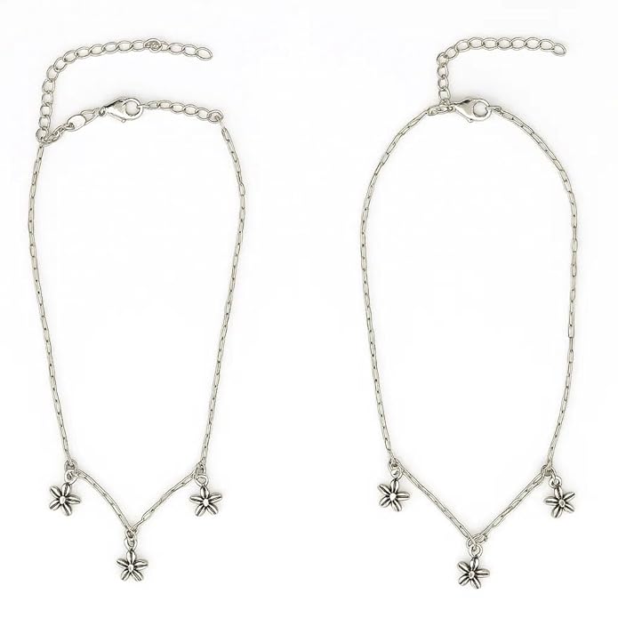 925 Sterling Silver Adjustable Floral Charm Anklet for Women & Girls | Delicate Flower Pendant Payal with Adjustable Chain | Lightweight, Skin-Friendly & Gift for Birthday, Anniversary & Festive Occasions (Pack Of 2 Pair)