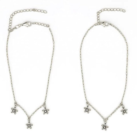 925 Sterling Silver Adjustable Floral Charm Anklet for Women & Girls | Delicate Flower Pendant Payal with Adjustable Chain | Lightweight, Skin-Friendly & Gift for Birthday, Anniversary & Festive Occasions (Pack Of 2 Pair)