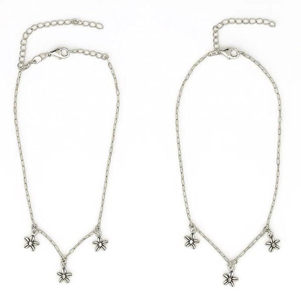 925 Sterling Silver Adjustable Floral Charm Anklet for Women & Girls | Delicate Flower Pendant Payal with Adjustable Chain | Lightweight, Skin-Friendly & Gift for Birthday, Anniversary & Festive Occasions (Pack Of 2 Pair)