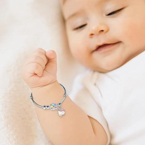 BRIA BY SAAR 925 Sterling Silver Kids Bangles | Cute Kitty & Multicolor Flower Charms | Safe & Adjustable Nazaria for Babies and Toddlers (Ages 0–5 Years) | 1 Pair (Set of 2)