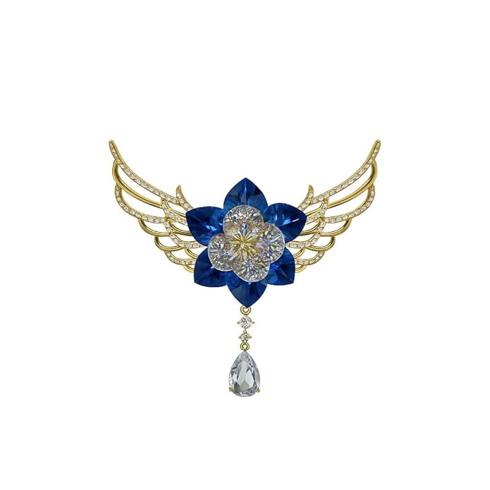 BRIA BY SAAR Blue Crystal Flower Brooch | Elegant Golden Wing Design with Dangling Teardrop Stone | Statement Fine Jewellery for Parties, Weddings & Festive Occasions