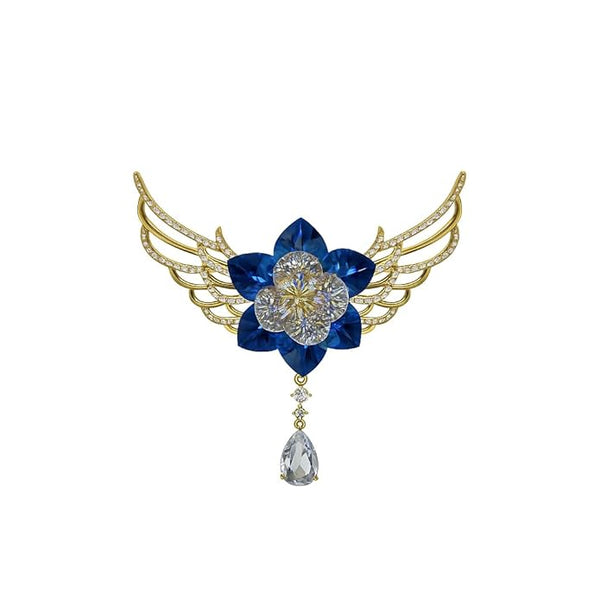 Blue Crystal Flower Brooch | Elegant Golden Wing Design with Dangling Teardrop Stone | Statement Fine Jewellery for Parties, Weddings & Festive Occasions
