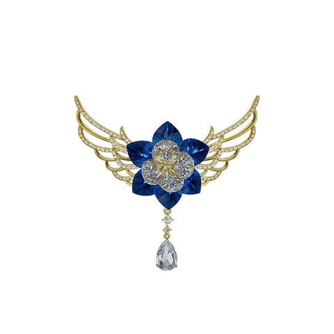 Swarovski Glass Blue Crystal Flower Brooch with Golden Wing Design – Elegant Diamond-Style Center & Dangling Drop Stone | Party, Wedding Pin for Women