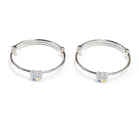 BRIA BY SAAR 925 Sterling Silver Adjustable Cute Kitty Charm Baby Bangles (Age 0–5 Years) | Adorable Cartoon & Flower Design | Safe, Skin-Friendly & Comfortable Everyday Jewellery for Boys and Girls (1 Pair)