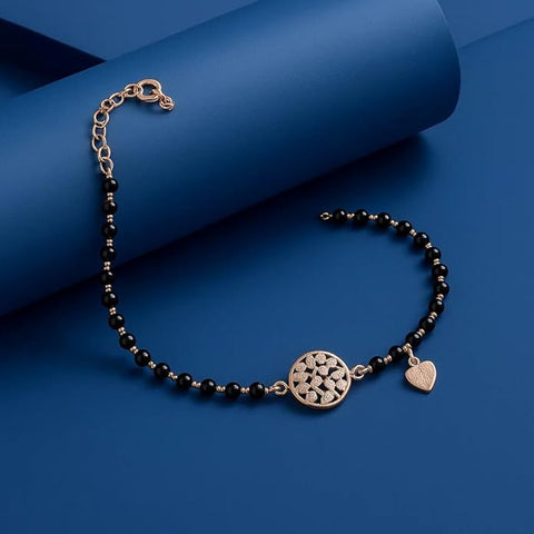 925 Sterling Silver Adjustable Black Bead Mangalsutra Design Bracelet with Elegant Heart & Geometric Charm | Stylish & Skin-Friendly Jewelry for Girls and Women | Perfect for Parties & Special Occasions