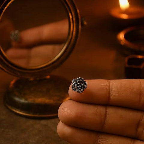 BRIA BY SAAR 925 Sterling Silver Oxidized Rose Floral Nose Pin for Women and Girls | Handcrafted Antique Rosebud Nose Stud | Ethnic Vintage Daily Wear Nose Jewelry | Hypoallergenic and Nickel-Free