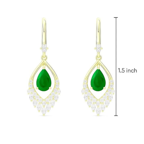 925 Sterling Silver Gold-Plated Drop Earrings for Women | Emerald Green Teardrop with White CZ Halo | Elegant Wedding & Party Jewelry