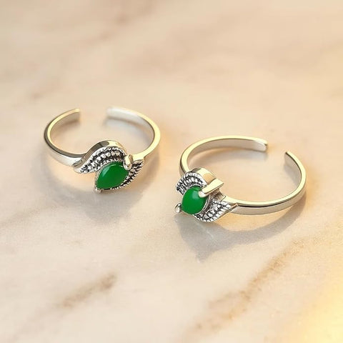 BRIA BY SAAR 925 Sterling Silver Finger Ring/Toe Ring with Green Marcasite Stone – Adjustable Silver Floral Design for Women (1 Pair)