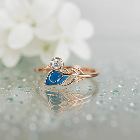 BRIA BY SAAR 925 Sterling Silver Peacock Feather Ring for Women | Elegant Artistic Design with Blue Enamel & Sparkling Accents | Unique Copper-Plated Statement Jewellery | Gift for Her