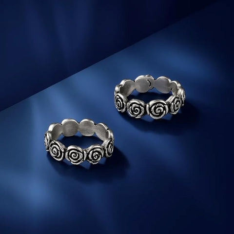BRIA BY SAAR 925 Sterling Silver Adjustable Ring/Toe Ring for Women & Girls | Vintage Rose Band with Oxidized Antique Finish & Marcasite Detailing | Hypoallergenic Fine Jewelry Gift (1 Pair)