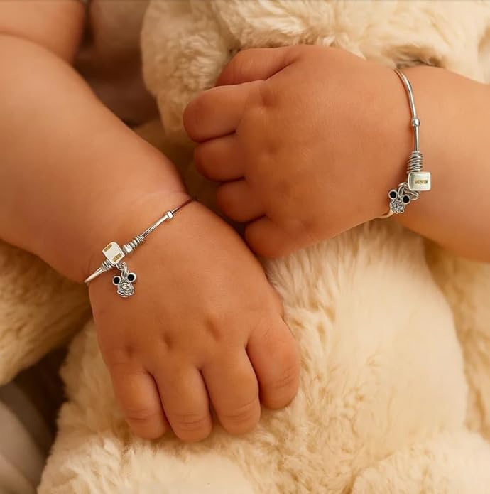 925 Sterling Silver Adjustable Kids Bangles with Mickey Mouse Charm | Safe & Hypoallergenic Jewelry for Infants & Toddlers (0–5 Years) | Pair of 1 Lightweight Silver Kada for Birthdays & Naming Ceremonies