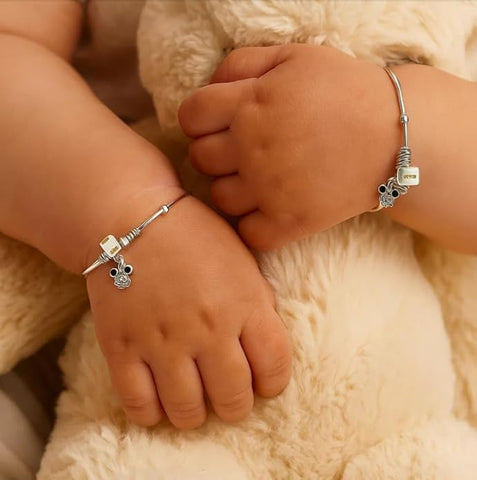 BRIA BY SAAR 925 Sterling Silver Adjustable Kids Bangles with Mickey Mouse Charm | Safe & Hypoallergenic Jewelry for Infants & Toddlers (0–5 Years) | Pair of 2 Lightweight Silver Kada for Birthdays & Naming Ceremonies
