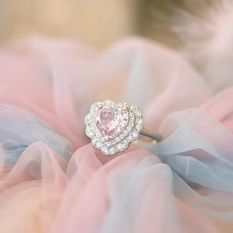BRIA BY SAAR 925 sterling silver heart design adjustable ring for women & girls | sparkling pink stone with diamond-cut halo | love & elegance