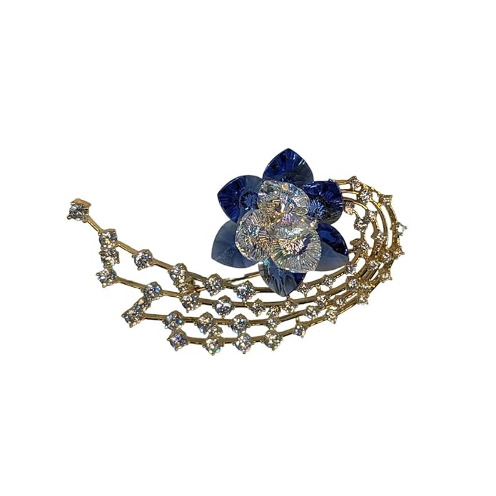 BRIA BY SAAR Luxury Swarovski Glass Crystal Flower Brooch | Elegant Blue Petal Pin with Golden Rhinestone Chains | Statement Fine Jewellery for Sarees, Gowns & Blazers