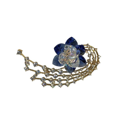 BRIA BY SAAR Luxury Swarovski Glass Crystal Flower Brooch | Elegant Blue Petal Pin with Golden Rhinestone Chains | Statement Fine Jewellery for Sarees, Gowns & Blazers