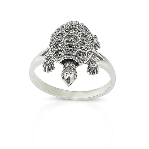 BRIA BY SAAR 925 Sterling Silver Turtle Shape Ring for Women and Girls | Vintage Marcasite Animal Design Finger Ring | Symbol of Wisdom and Longevity | Hypoallergenic Fine Jewellery Gift