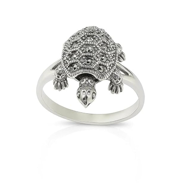 925 Sterling Silver Turtle Shape Ring for Women and Girls | Vintage Marcasite Animal Design Finger Ring | Symbol of Wisdom and Longevity | Hypoallergenic Fine Jewellery Gift